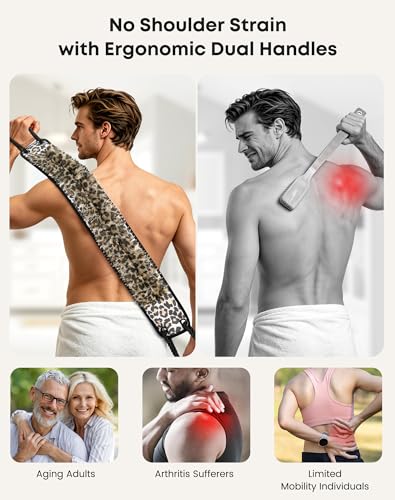 Eaxun Leopard Back Scrubber and Mitt Set - Medium, Long Reach Shower Exfoliating Bath Tool