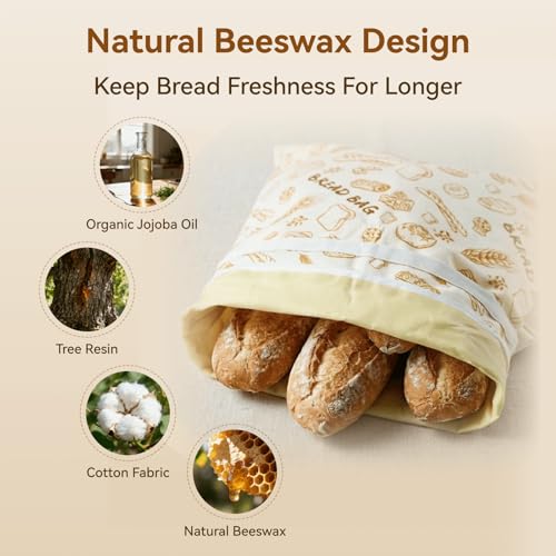 Reusable Beeswax Bread Bags - 2 Pack XL Organic Cotton Sourdough Storage