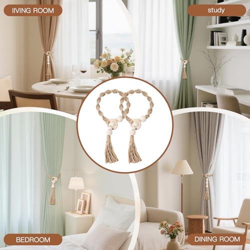 Macrame Curtain Tiebacks with Wooden Beads - 2-Pcs Natural Beige Holdbacks