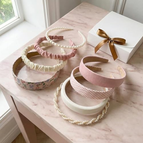 STANETCO Non-Slip Padded Pearl Headbands for Women - Pink, 8-Piece Set