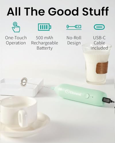 Elementi Rechargeable Milk Frother - Handheld USB-C Drink Mixer in Mint Green