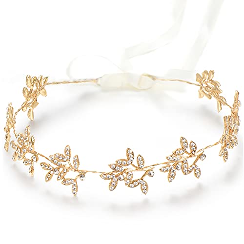 BABEYOND Gold Bridal Headpiece Handmade Wedding Hair Vine with Crystals & Lace Ribbon