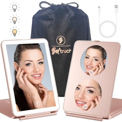 Beltruci Rose Gold Rechargeable Folding Vanity Mirror with 72 LED Lights & 3 Color Modes