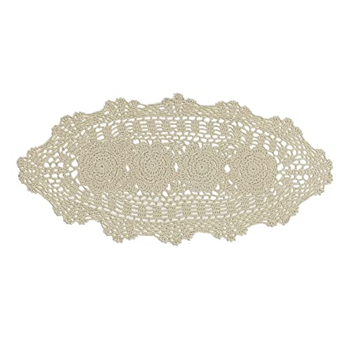Phantomon Handmade Cotton Lace Table Runner - Oval Doily, 12x24 Inch, Beige