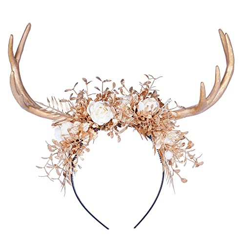 Handmade Woodland Antler Headband with Silk Flowers and Deer Horns