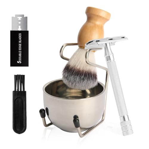 Badger Hair Shaving Brush, Safety Razor, and Stainless Steel Stand Set