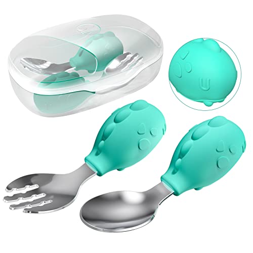 Deejoy Toddler Stainless Steel Spoon and Fork Set with Case - Green