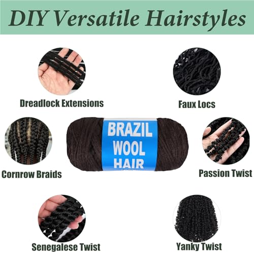 CUUKEA Brazilian Wool Hair Yarn for Braids, 4 Rolls - Coffee Brown