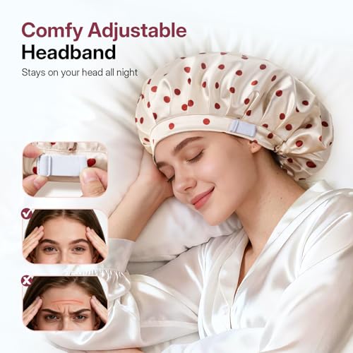LitBear Red Dots Silk Satin Sleep Bonnet for Women - Protective Hair Wrap