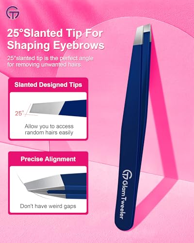 GlamTweeler Navy Blue Slant Tip Tweezers with Leather Case