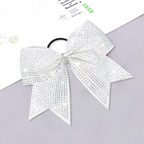 White 8-Inch Glitter Cheer Hair Bow with Rhinestones - Large Sports Pom-Pom Accessory