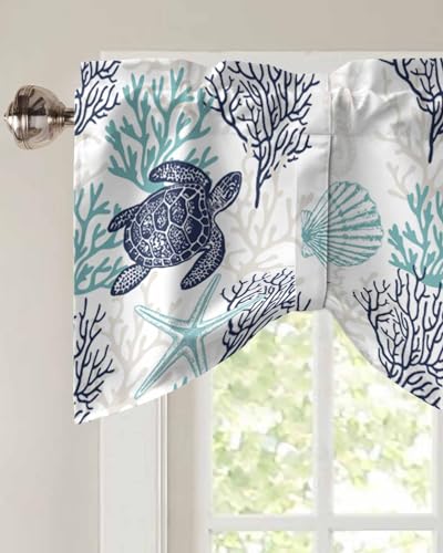Coastal Tie Up Valance Curtains - Teal Blue 54"x18" for Kitchen & Bathroom