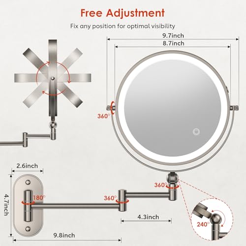ZLOKLA 9" Wall Mounted Lighted Makeup Mirror,4000mAh Rechargeable Double Sided 1X/30X Magnifying Mirror with Light,Touch Dimmable,Extended Arm 360 Rotation Wall Mounted Makeup Mirror 3 Color Lights-N