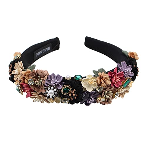 Florate Black Pearl Flower Headband Full Cover Rhinestone Hair Accessory