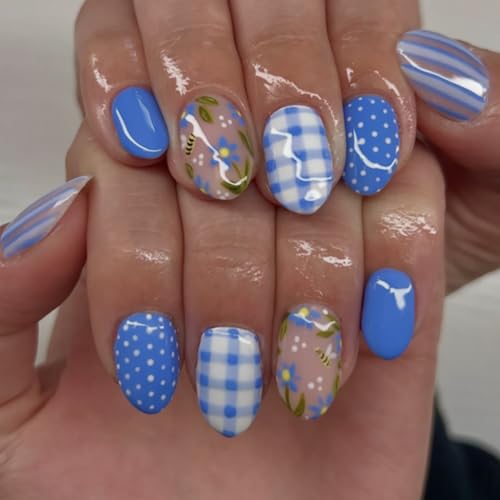 LOPMNGHT Blue White Checkered Short Oval Fake Nails 24Pcs Reusable Glossy Stick-On Manicure