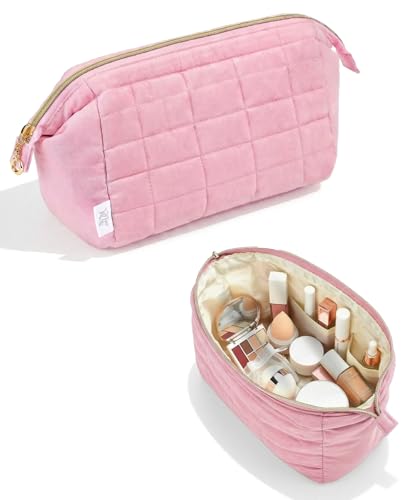 Aesthetic Quilted Makeup Bag for Women - Pink Cosmetic Pouch