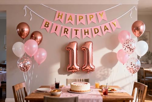 Rose Gold 11th Birthday Balloon Decorations Set for Girls
