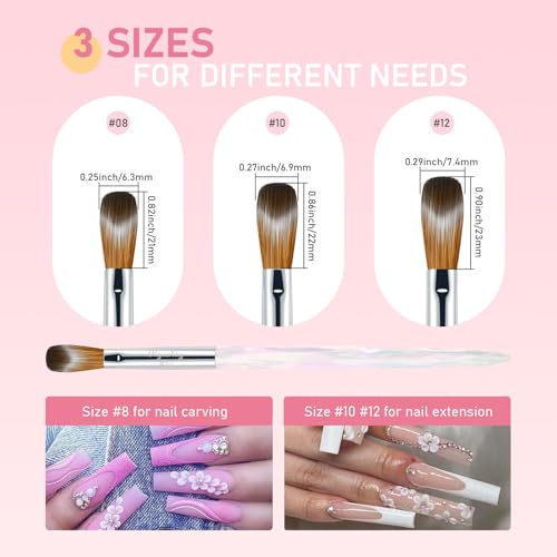 3PCS Acrylic Nail Brush Set - Sizes 8/10/12 for Nail Art