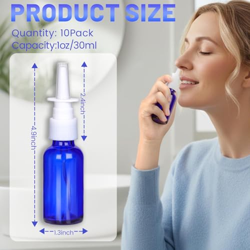 10 Pack Blue Glass Nasal Spray Bottles - Refillable 1 oz Sprayers