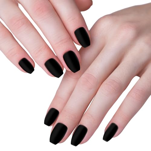 Black Matte Press-On Nails - Short Coffin Fake Nails Set, 48 Pcs for DIY & Salon