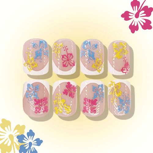 Floral Short Square Press On Nails Set for Women - Summer Flower Design, Glue-On Fake Nails