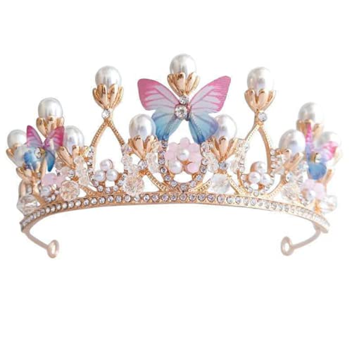 Gold Butterfly Princess Tiara Headband with Pearls & Rhinestones for Wedding Bridal Prom