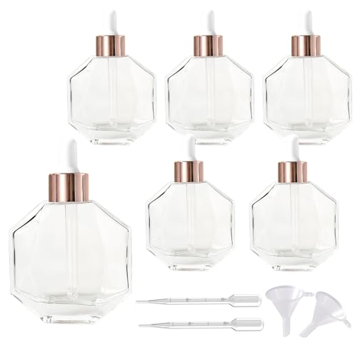 AGENIZ Clear Rose Gold 50ml Dropper Bottles Set of 6 with Lids for Essential Oils Perfume Serums