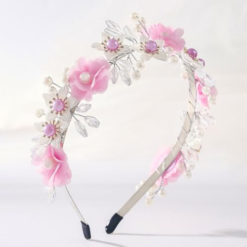 Campsis Pink Flower Headband with Pearls and Crystals for Girls & Women