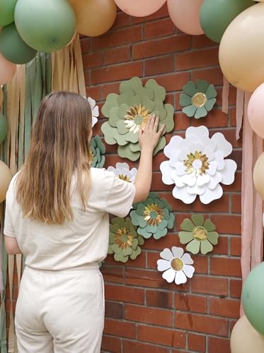 Dusty Green & White Paper Flower Set for Weddings & Nursery Decor - 12 Pack