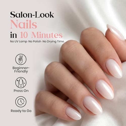 Beetles Milky White Press On Nails Kit - Short Almond Shape, 32Pcs