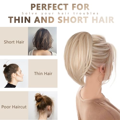 ZQIAN BEAUTY 10 Inch Short Straight Clip-On Ponytail Extension - Ash Blonde with White Highlights