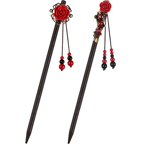 WILLBOND 2-Piece Chinese Wooden Hair Sticks with Flowers