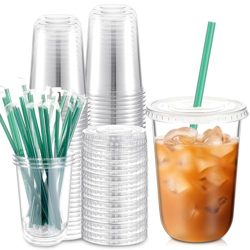 Baderke 50 Sets 16 oz Clear Plastic Cups with Lids & Straws