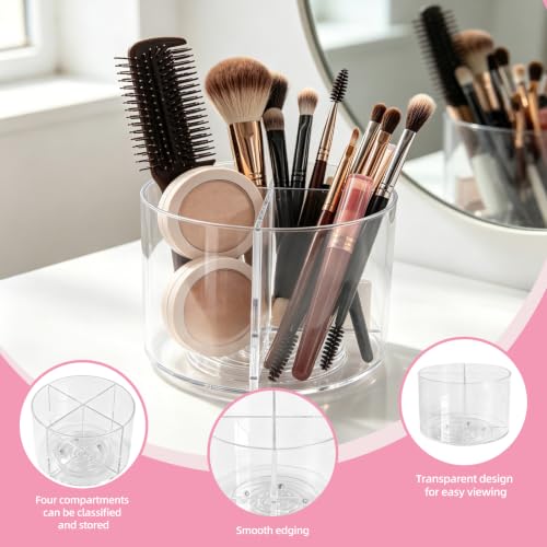 HALAGAS Round 6in Acrylic Makeup Brush Holder, 4-Slot 360° Rotating Organizer