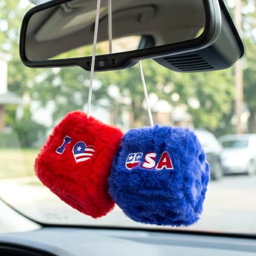 4th of July Fuzzy Dice for Car Mirror - Patriotic Plush Decor