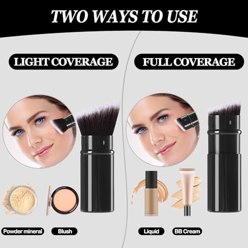 Keriloo Black Retractable Kabuki Makeup Brush Set - 2 Pack Travel Face Powder Brushes