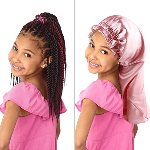 ELIHAIR Kids Long Satin Bonnet - Adjustable Sleep Cap for Curly Hair, Pink