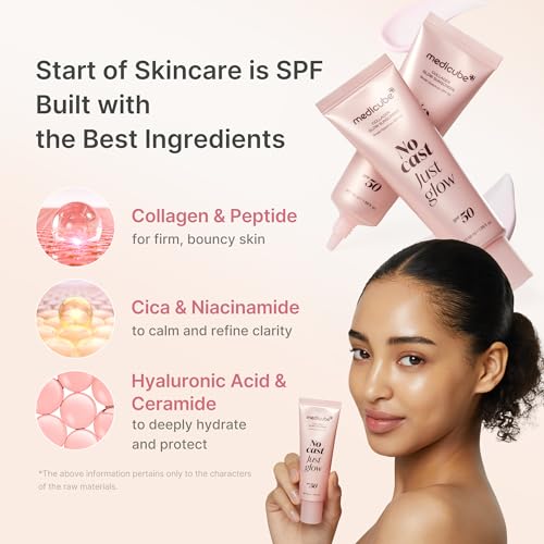 medicube No Cast Just Glow Collagen Sunscreen | SPF 50 Broad Spectrum Face Sunscreen | Lightweight, Non-Sticky, Hydrating Formula | Peptide, Cica for Soothing & Glow | Korean Skincare