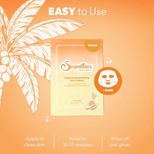 Smoothies Tropical Glow Resurfacing Sheet Mask 3 Pack - Brightening Korean Face Mask with Enzymes & Exfoliants