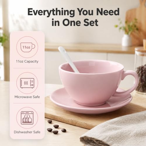 DeeCoo 11oz Pink and White Ceramic Coffee Mug Set with Saucer