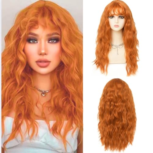 24-Inch Orange Curly Wig with Bangs - Fluffy Synthetic Hair