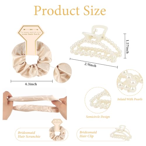 Bridesmaid Proposal Gift Set - Satin Hair Scrunchies & Pearl Claw Clips, 12 Pieces