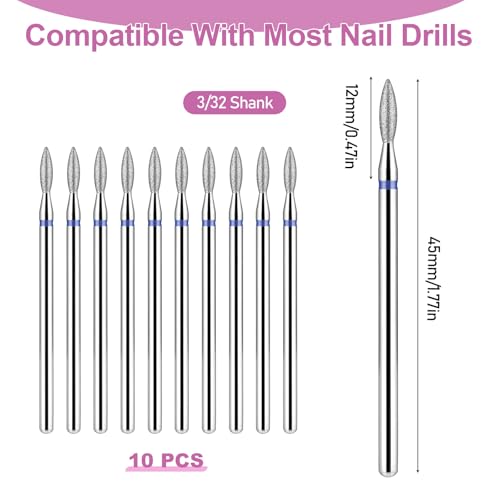 10PCS Diamond Flame Cuticle Drill Bits Set - 3/32 Inch for Nails