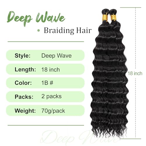 Eerya Long Curly Braiding Hair 18 Inch 2 Packs Ocean Wave Crochet Hair for Black Women Deep Wave Braiding Hair for Boho Braids (18 inch, 1B)