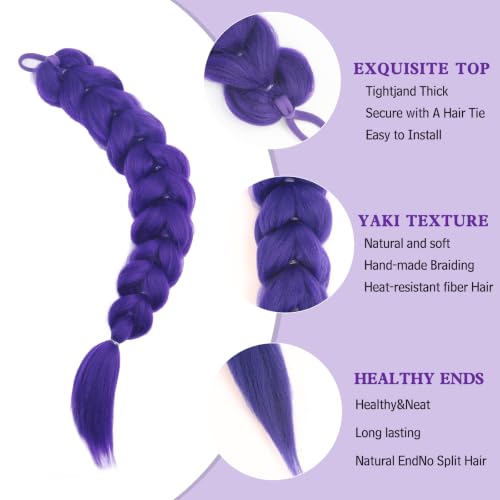 Purple Hair Extensions 24 Inch Braided Ponytail with Elastic Tie for Cosplay & Parties