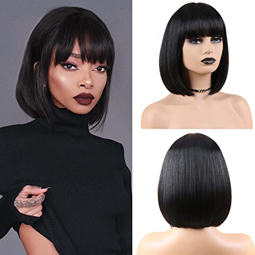 Black Short Bob Wig with Bangs - Synthetic 12 Inch Straight Cosplay & Daily Wear