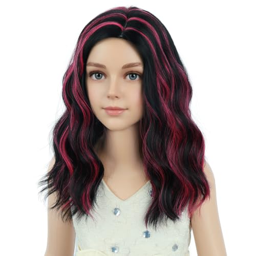 PATTNIUM Kids Black & Hot Pink Short Curly Wavy Wig - Shoulder Length, Heat-Resistant Synthetic Cosplay Costume Hair