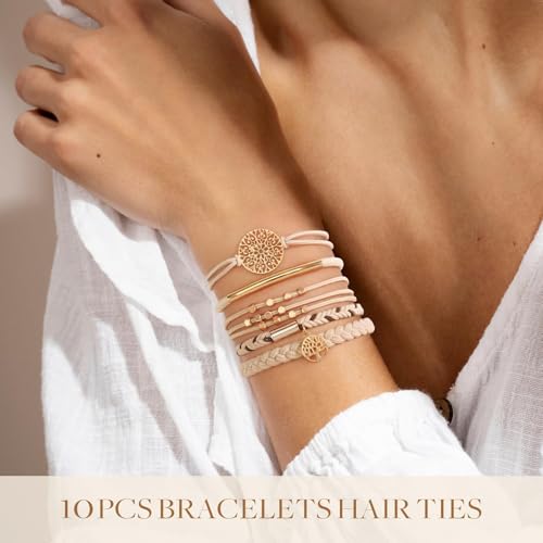 Boho Hair Tie Bracelets - 10 No Damage Ponytail Holders, 5 Styles