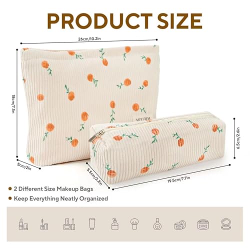 Corduroy Makeup Bag Set - Aesthetic Travel Cosmetic Pouch with Brush Case