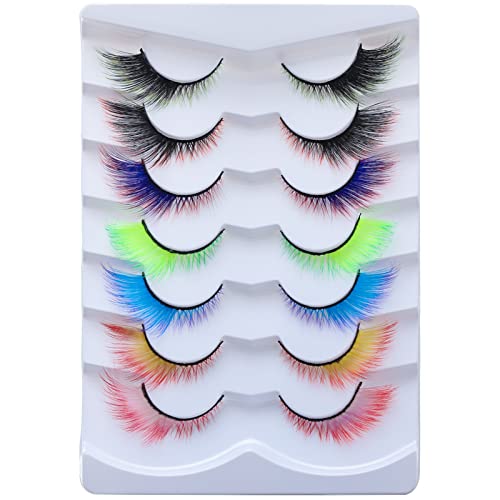 Outopen 7 Pairs Winged Effect Colored Lashes, Fluffy Wispy False Eyelashes